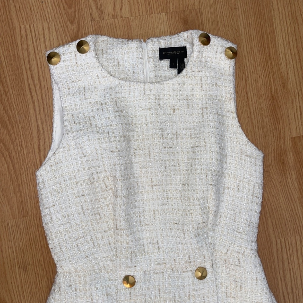 Donna Karan White and Gold Sleeveless Tweed Sheath Mini Dress Size 2 - Picture 8 of 13